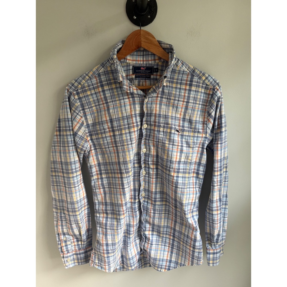Vineyard Vines Slim Fit Tucker Shirt Mens Small Blue Orange Plaid Button Down
